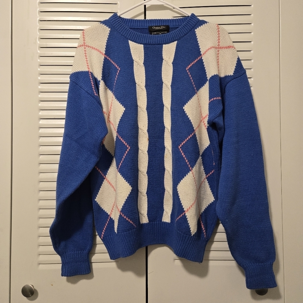 Vintage Christian Dior Monsieur Argyle Knit Sweater Blue White Pink Size Size M